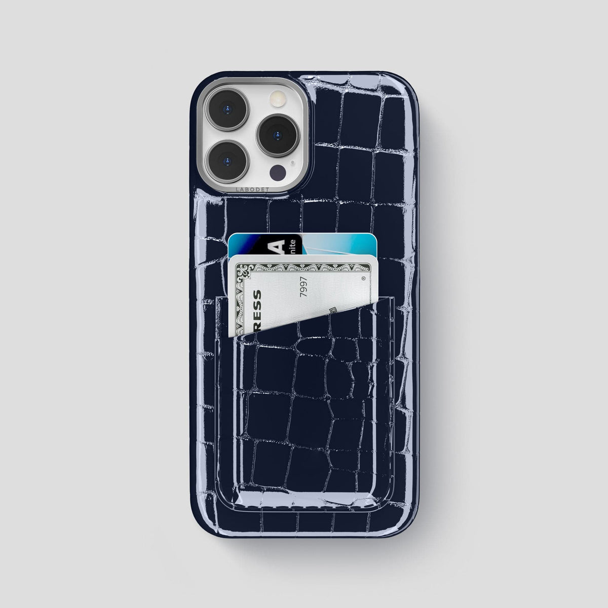 Navy-Blue iPhone 14 Pro Max Classic Case Shiny Alligator with Steel Metal -1 | Navy-Blue-Steel
