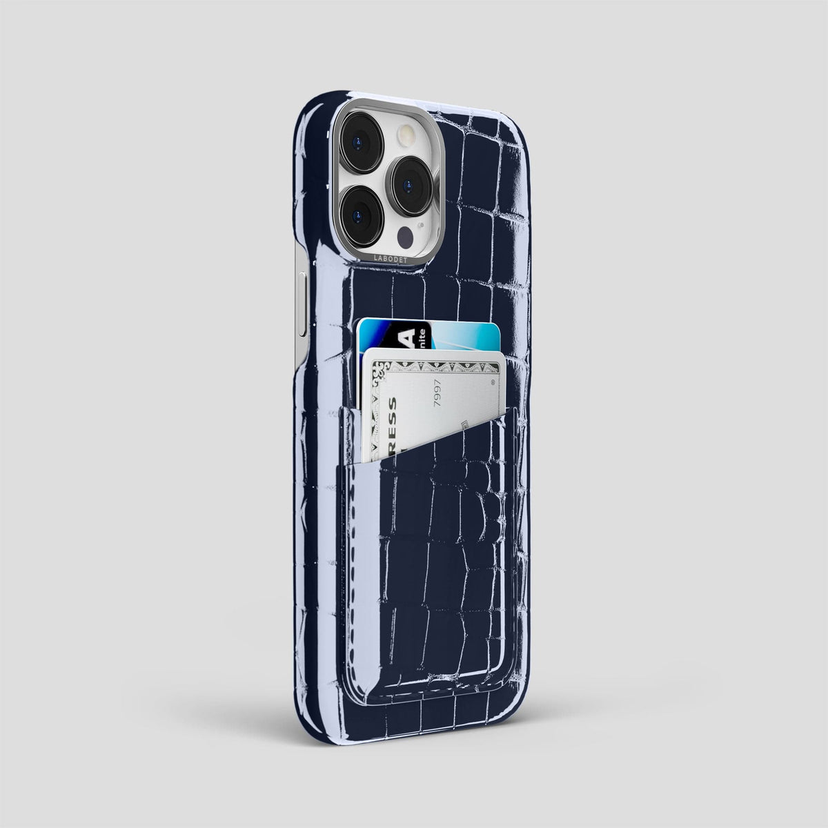 Navy-Blue iPhone 14 Pro Max Classic Case Shiny Alligator with Steel Metal -2 | Navy-Blue-Steel