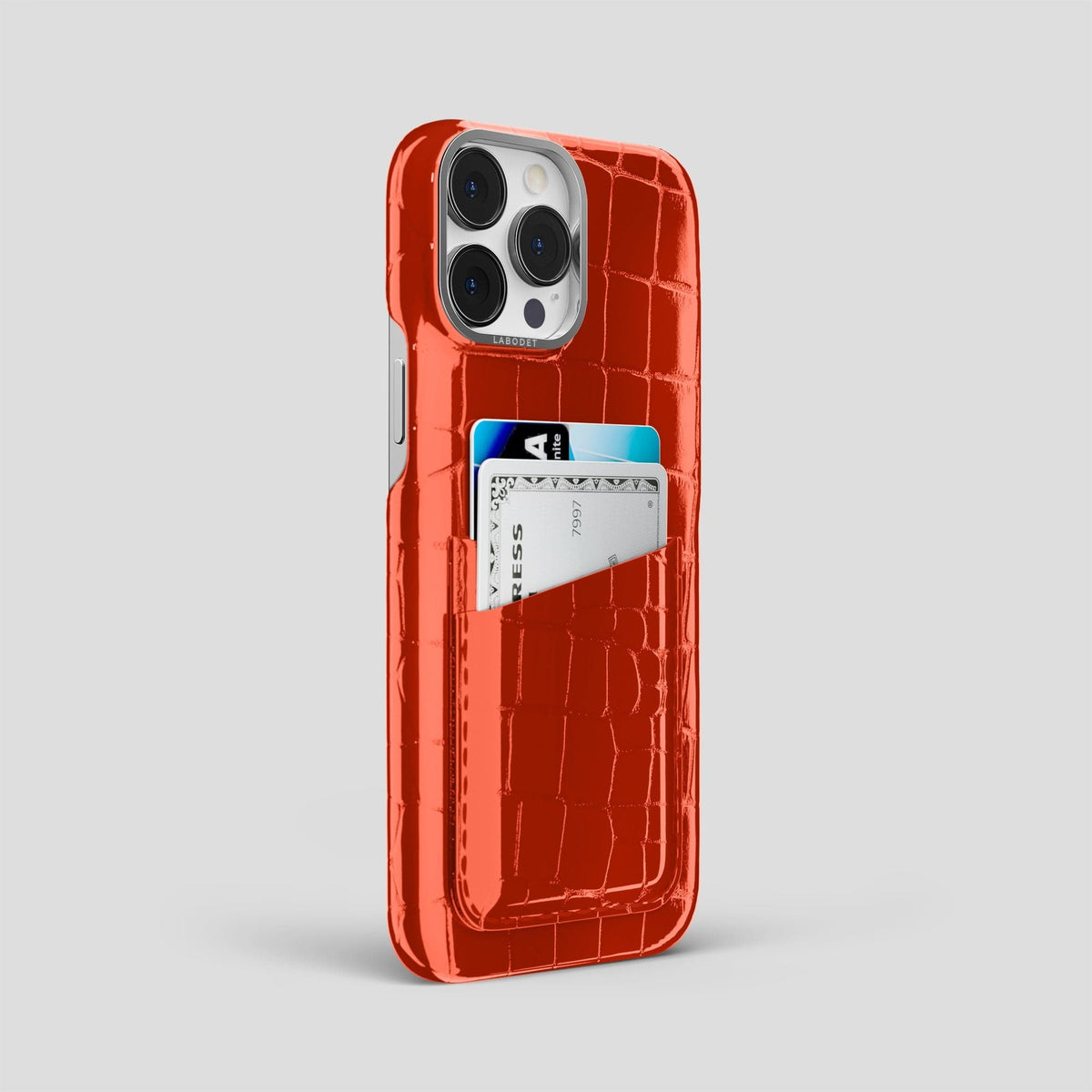 Orange iPhone 15 Pro Max Classic Case Shiny Alligator with Steel Metal -2 | Orange-Steel