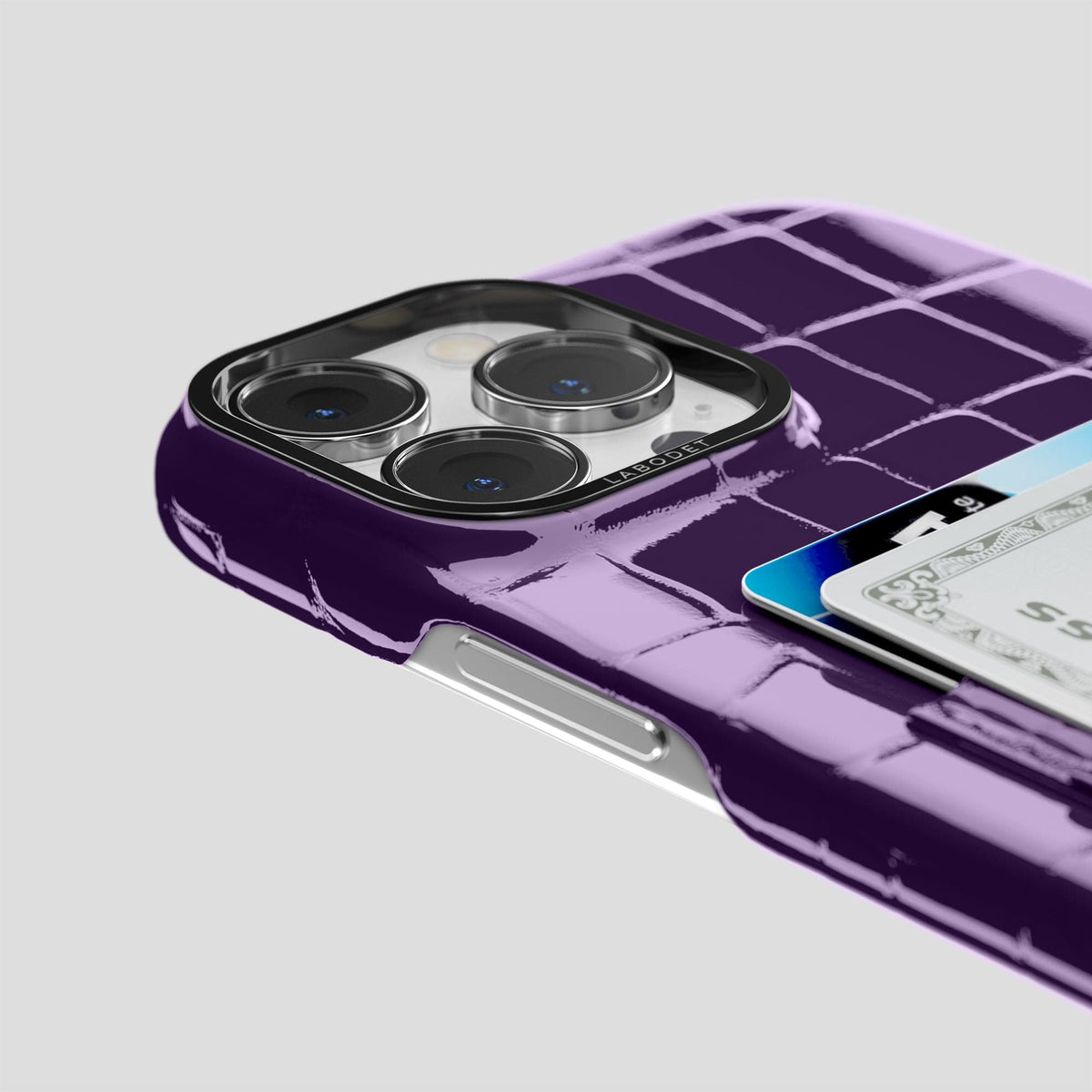 Purple iPhone 14 Pro Max Classic Case Shiny Alligator with Black Metal -5 | Purple-Black