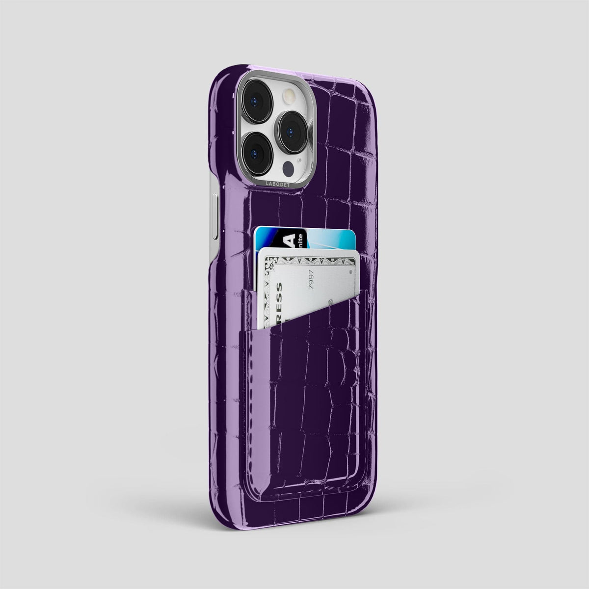 Purple iPhone 14 Pro Max Classic Case Shiny Alligator with Steel Metal -2 | Purple-Steel