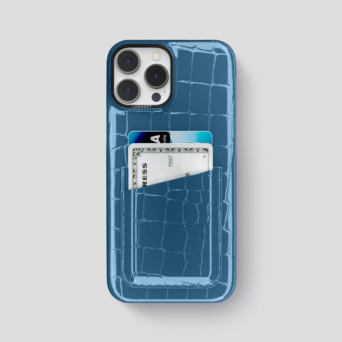 Turquoise-Blue iPhone 14 Pro Max Classic Case Shiny Alligator with Black Metal -1 | Turqoise-Blue-Black