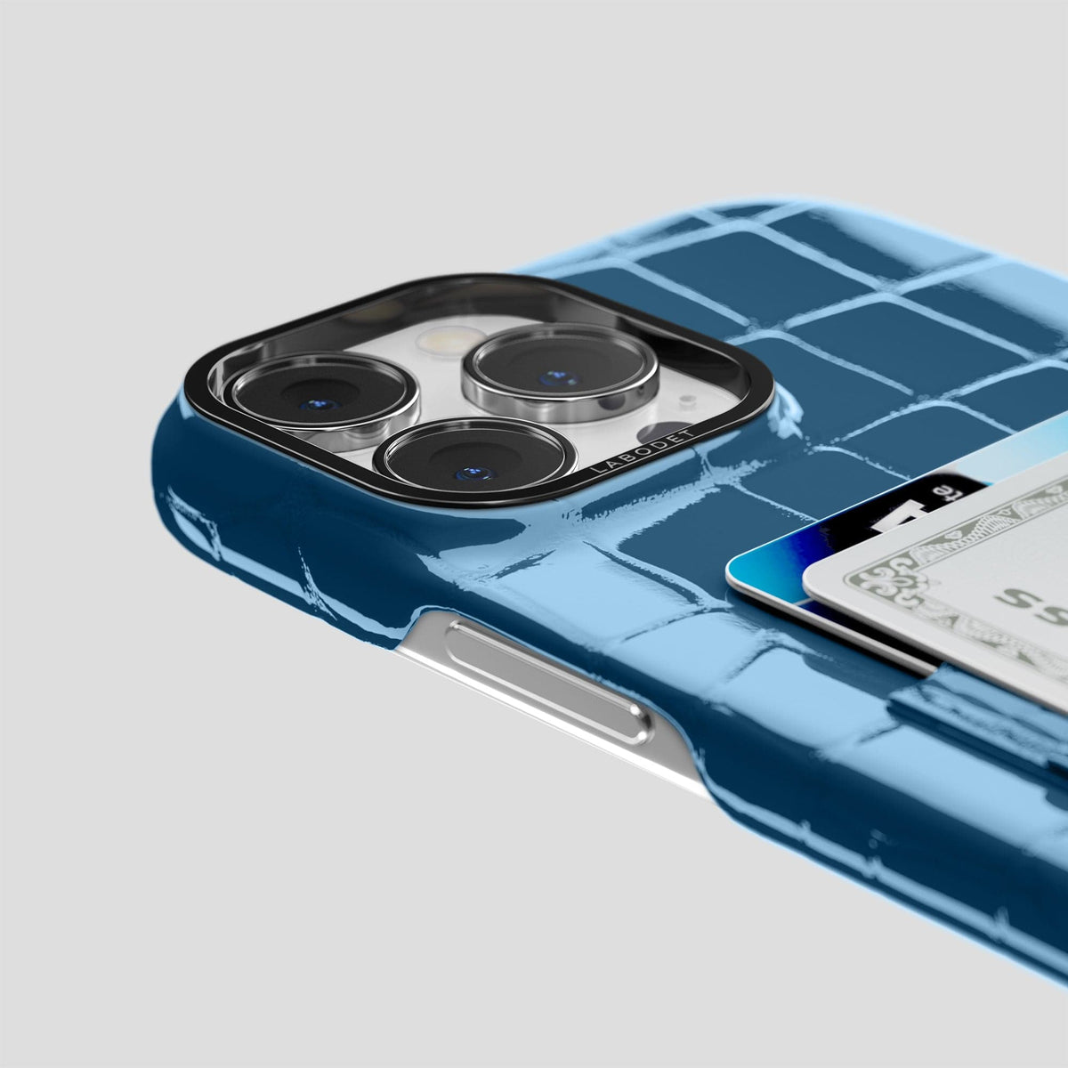 Turquoise-Blue iPhone 14 Pro Max Classic Case Shiny Alligator with Black Metal -5 | Turqoise-Blue-Black