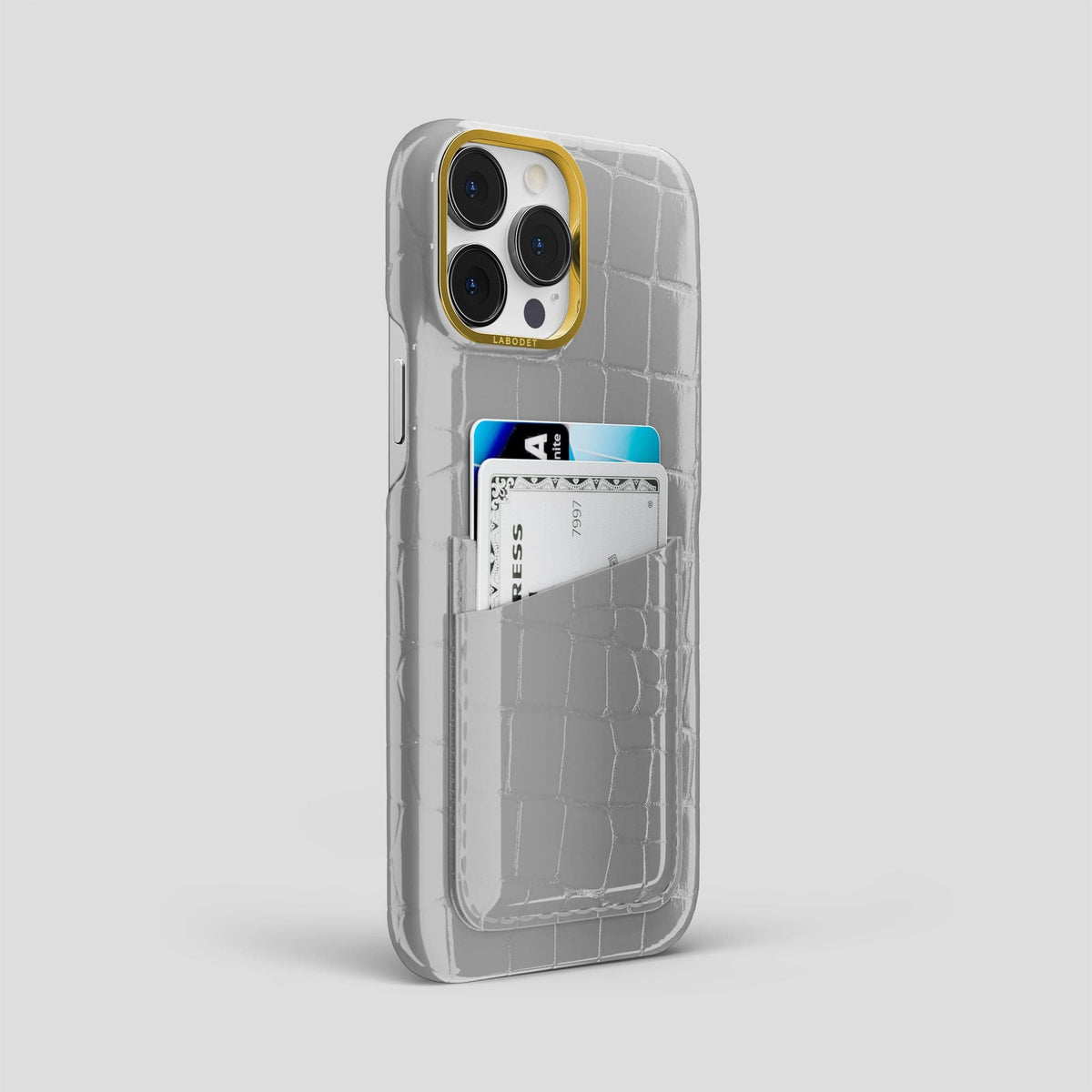 White iPhone 14 Pro Max Classic Case Shiny Alligator with Gold Metal -2 | White-Gold