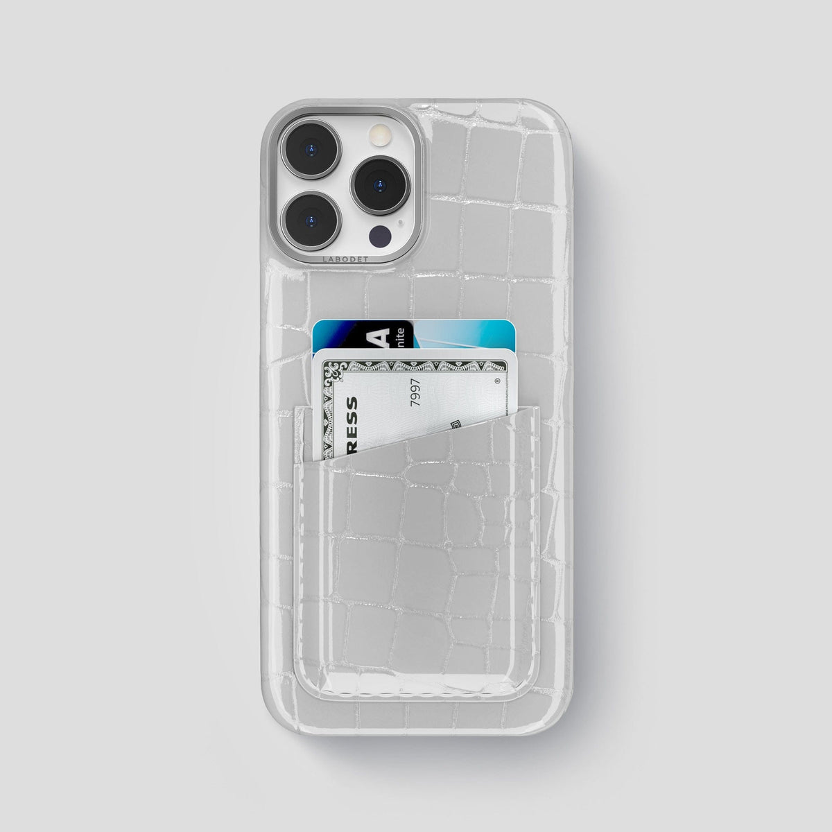 White iPhone 14 Pro Max Classic Case Shiny Alligator with Steel Metal -1 | White-Steel