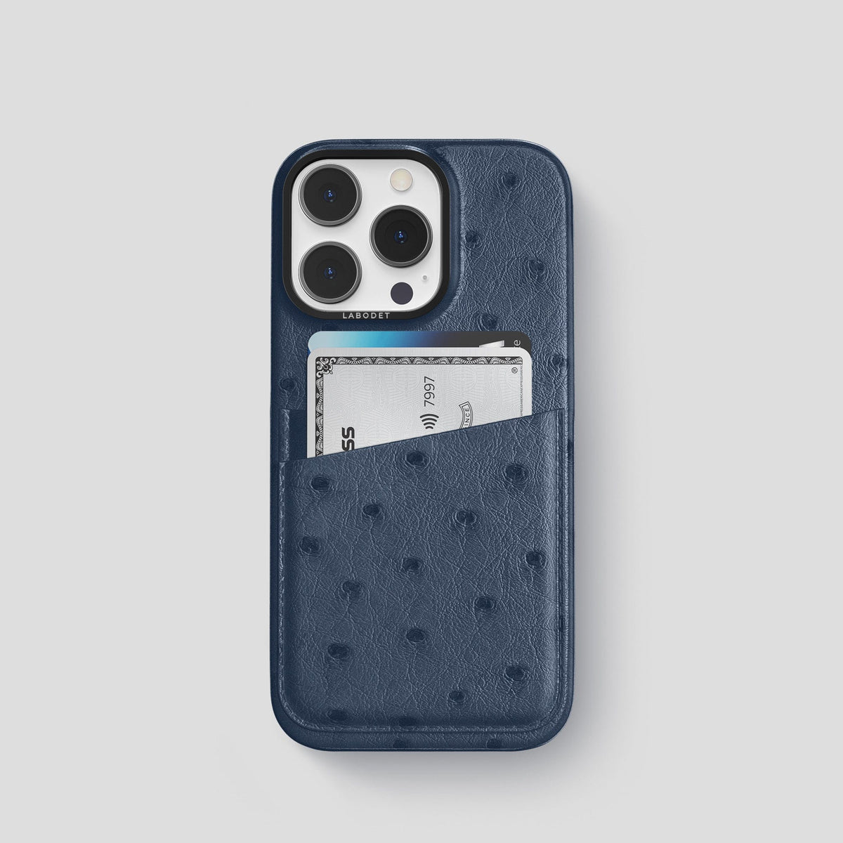 Navy-Blue iPhone 14 Pro Card Case Ostrich with Black Metal -1 | Navy-Blue-Black