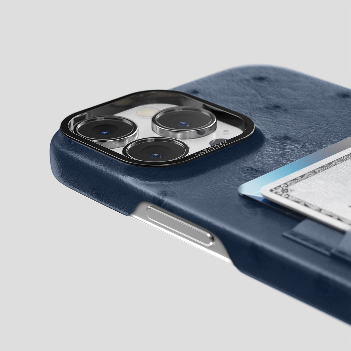 Navy-Blue iPhone 14 Pro Card Case Ostrich with Black Metal -5 | Navy-Blue-Black