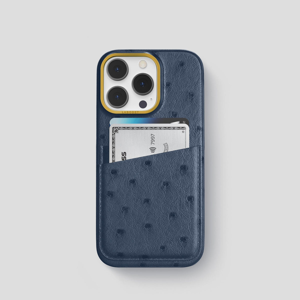 Navy-Blue iPhone 14 Pro Card Case Ostrich with Gold Metal -1 | Navy-Blue-Gold