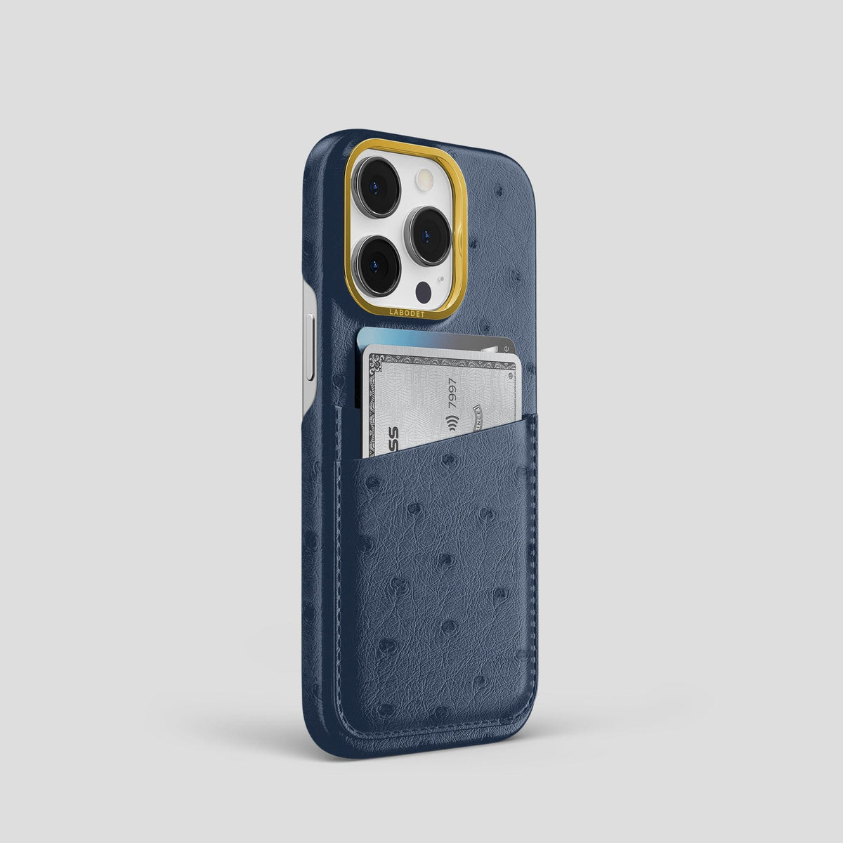 Navy-Blue iPhone 14 Pro Card Case Ostrich with Gold Metal -2 | Navy-Blue-Gold
