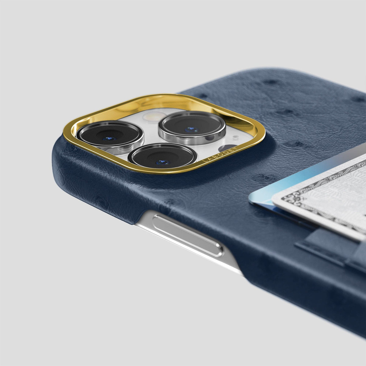 Navy-Blue iPhone 14 Pro Card Case Ostrich with Gold Metal -5 | Navy-Blue-Gold