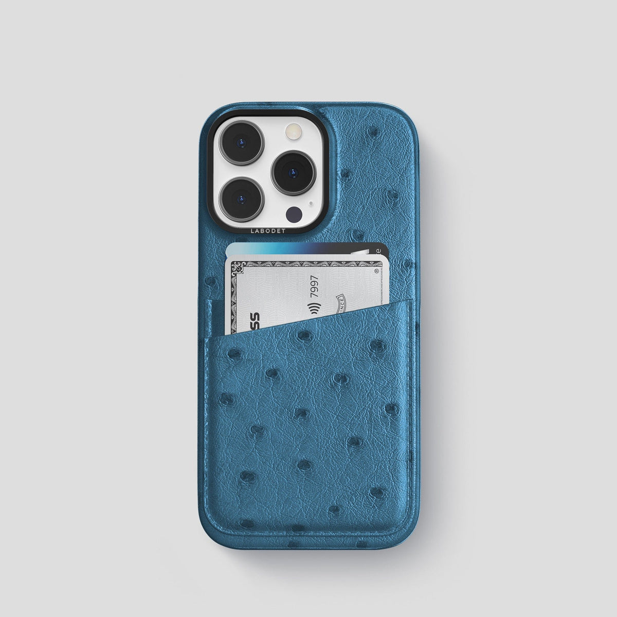 Blue-Jeans iPhone 14 Pro Card Case Ostrich with Black Metal -1 | Blue-Jeans-Black