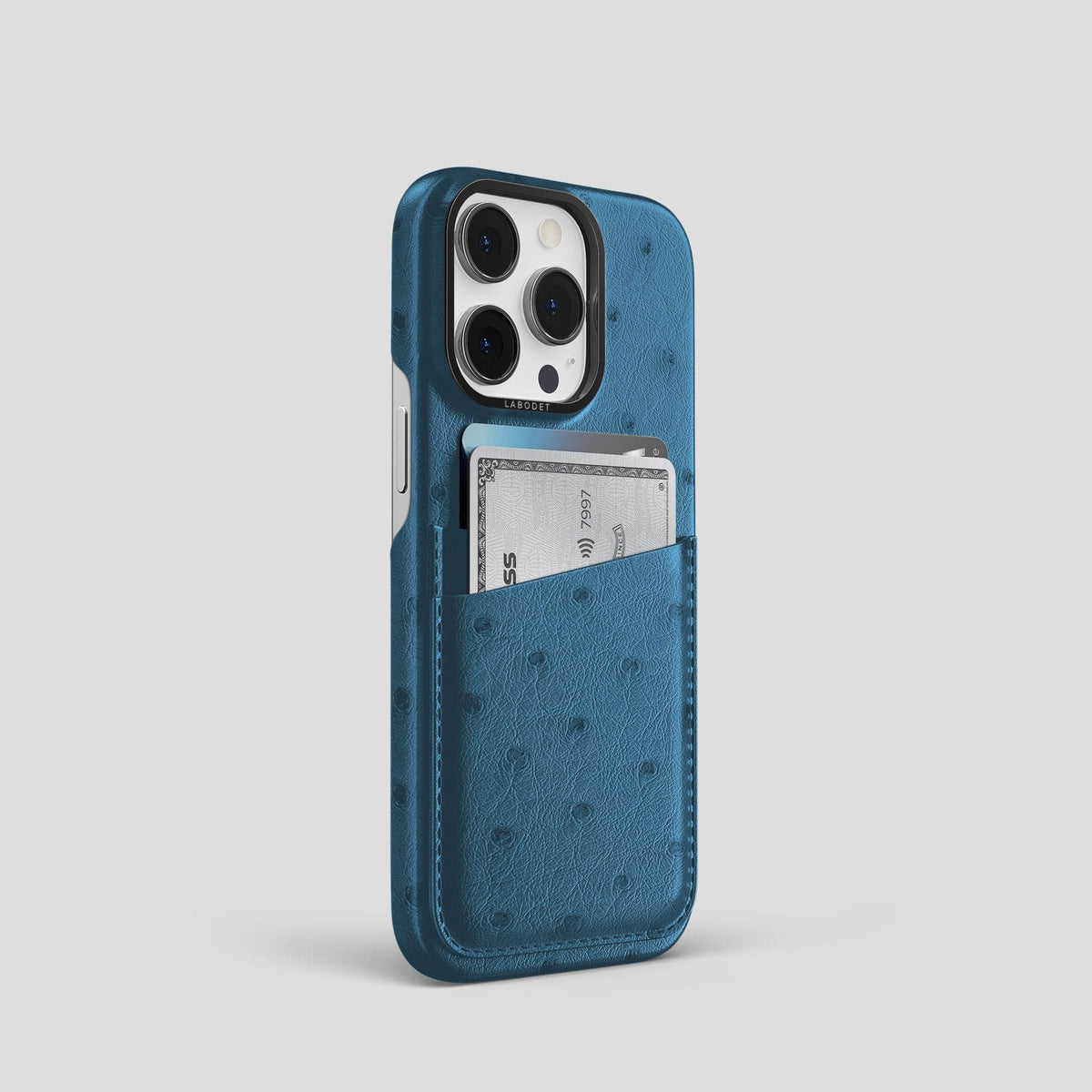 Blue-Jeans iPhone 14 Pro Card Case Ostrich with Black Metal -2 | Blue-Jeans-Black