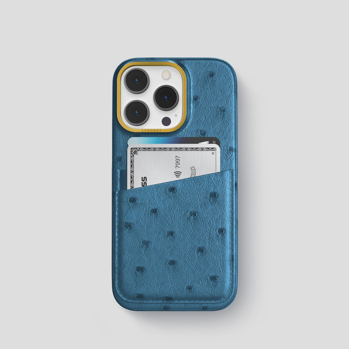 Blue-Jeans iPhone 15 Pro Card Case Ostrich with Gold Metal -1 | Blue-Jeans-Gold
