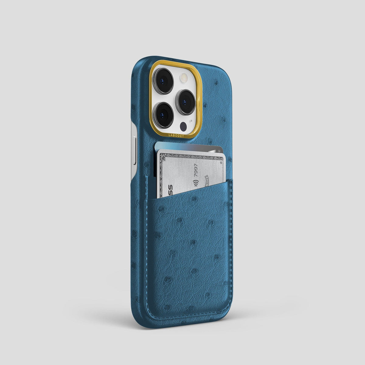 Blue-Jeans iPhone 14 Pro Card Case Ostrich with Gold Metal -2 | Blue-Jeans-Gold