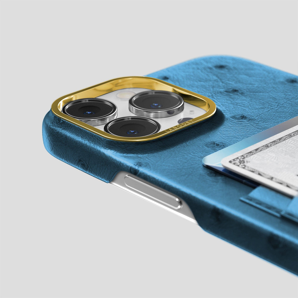 Blue-Jeans iPhone 14 Pro Card Case Ostrich with Gold Metal -5 | Blue-Jeans-Gold