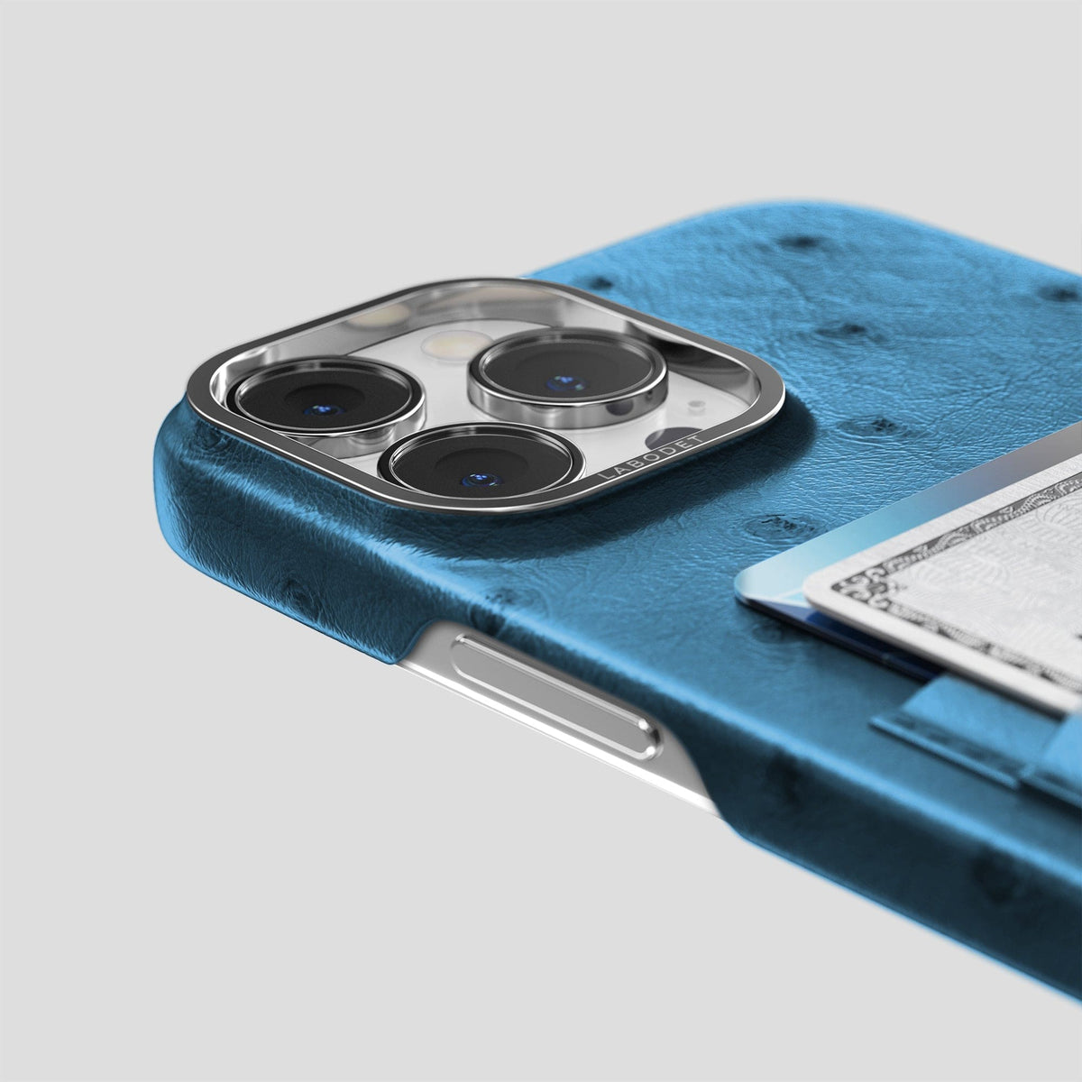 Blue-Jeans iPhone 15 Pro Card Case Ostrich with Steel Metal -5 | Blue-Jeans-Steel