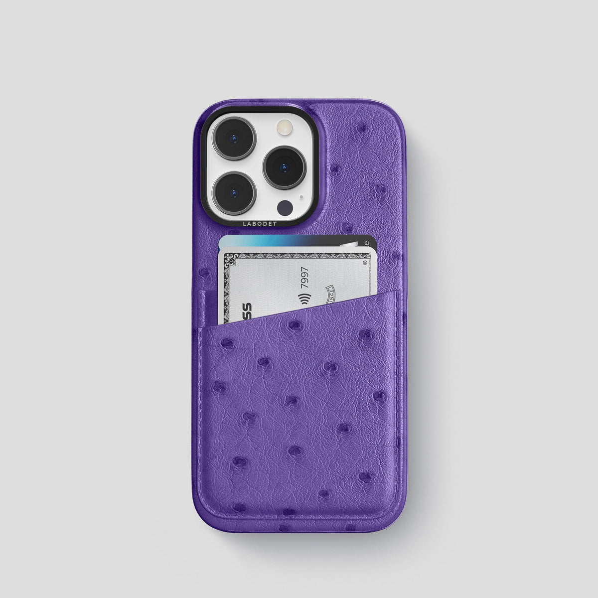 Purple iPhone 14 Pro Card Case Ostrich with Black Metal -1 | Purple-Black