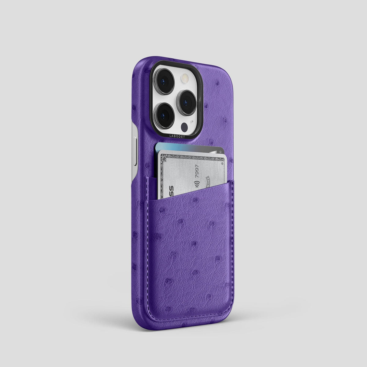 Purple iPhone 14 Pro Card Case Ostrich with Black Metal -2 | Purple-Black