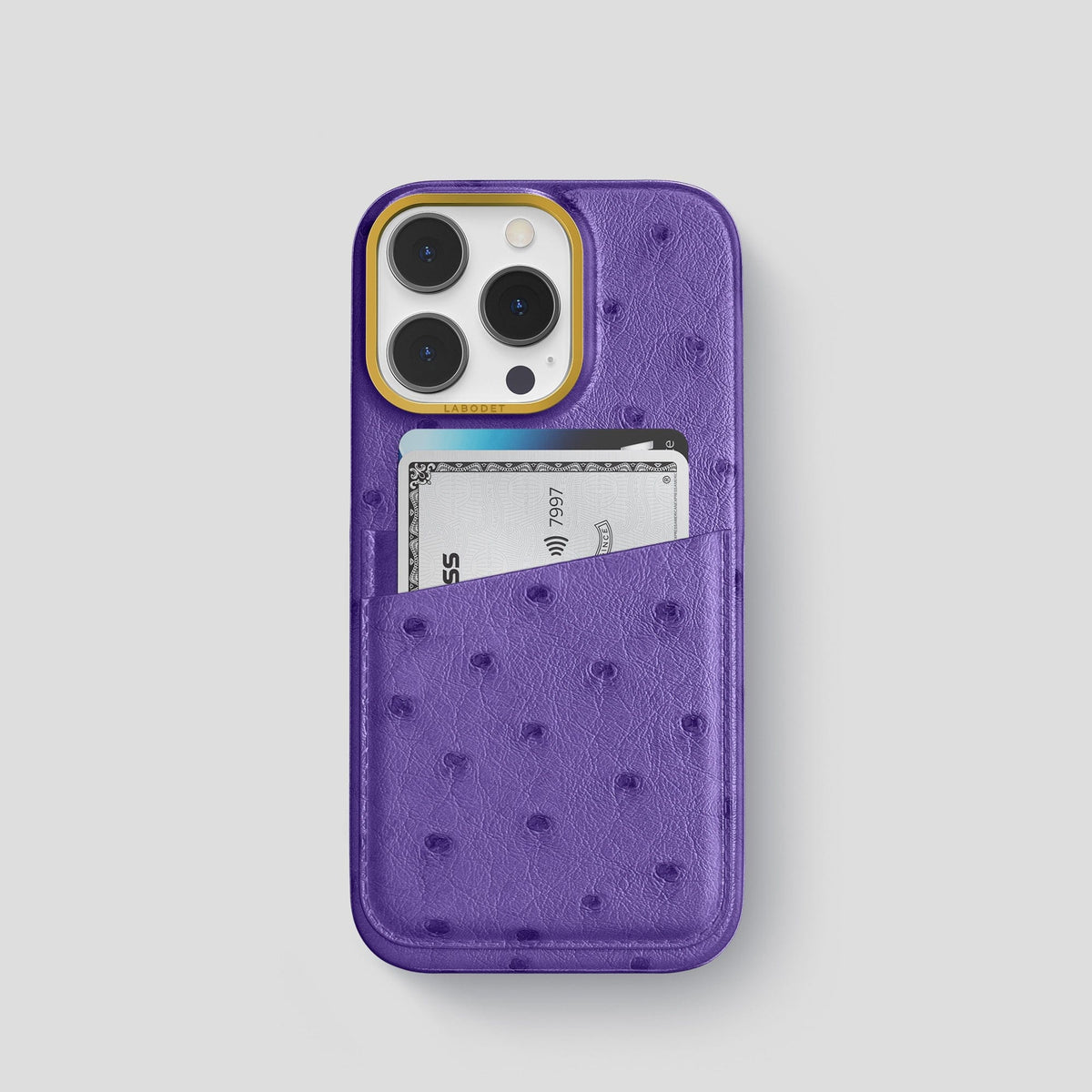 Purple iPhone 14 Pro Card Case Ostrich with Gold Metal -1 | Purple-Gold