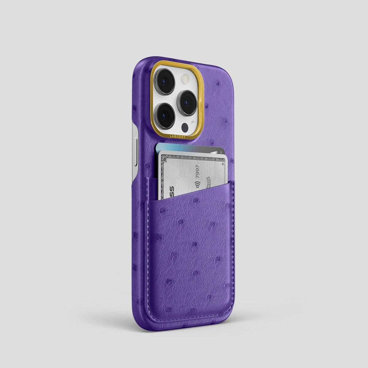 Purple iPhone 14 Pro Card Case Ostrich with Gold Metal -2 | Purple-Gold
