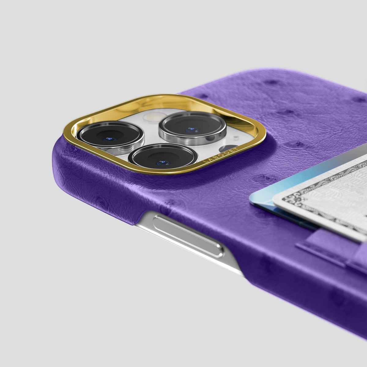 Purple iPhone 14 Pro Card Case Ostrich with Gold Metal -5 | Purple-Gold