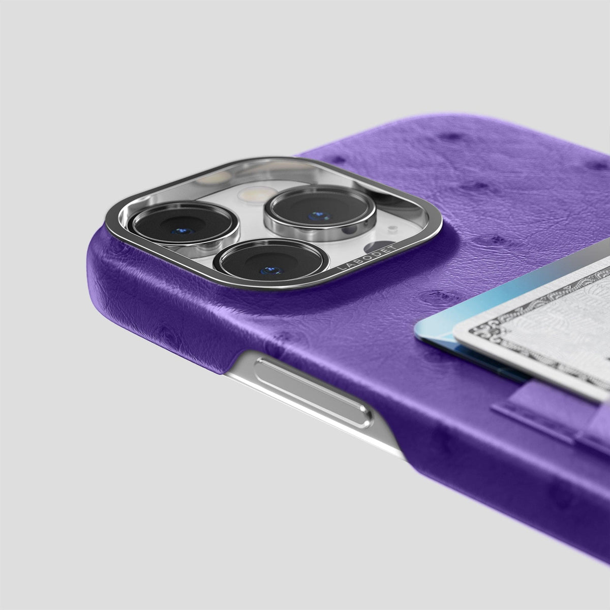 Purple iPhone 14 Pro Card Case Ostrich with Steel Metal -5 | Purple-Steel