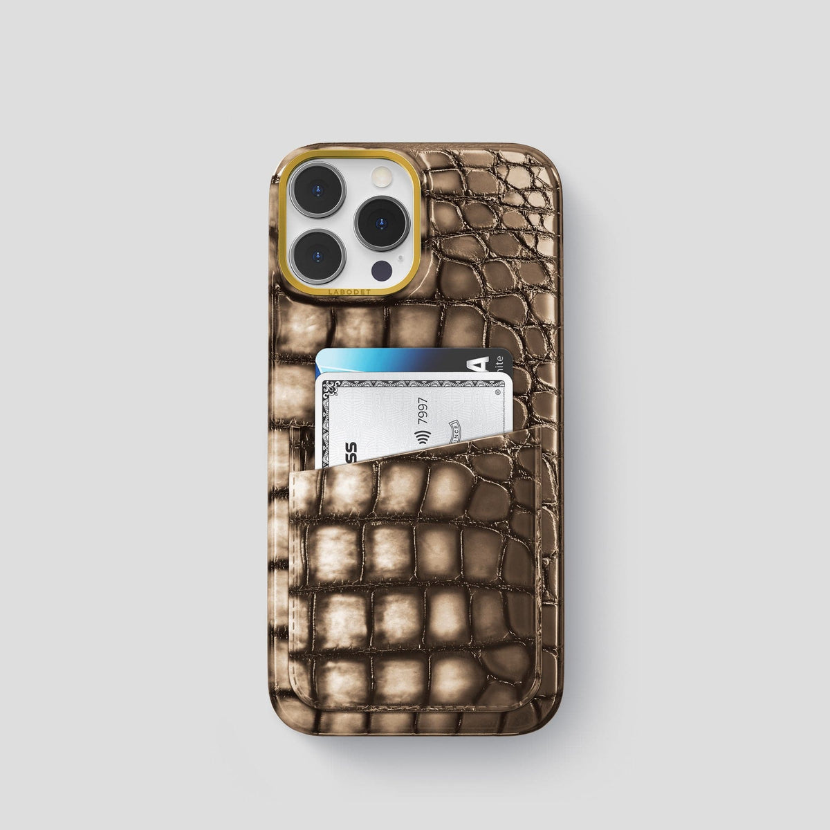 Etoupe iPhone 15 Pro Double Card Case Patina Alligator with Gold Metal -1 | Etoupe-Gold
