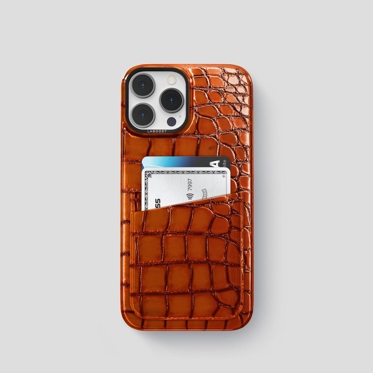 Clay-Court iPhone 15 Pro Double Card Case Patina Alligator with Black Metal -1 | Clay-Court-Black