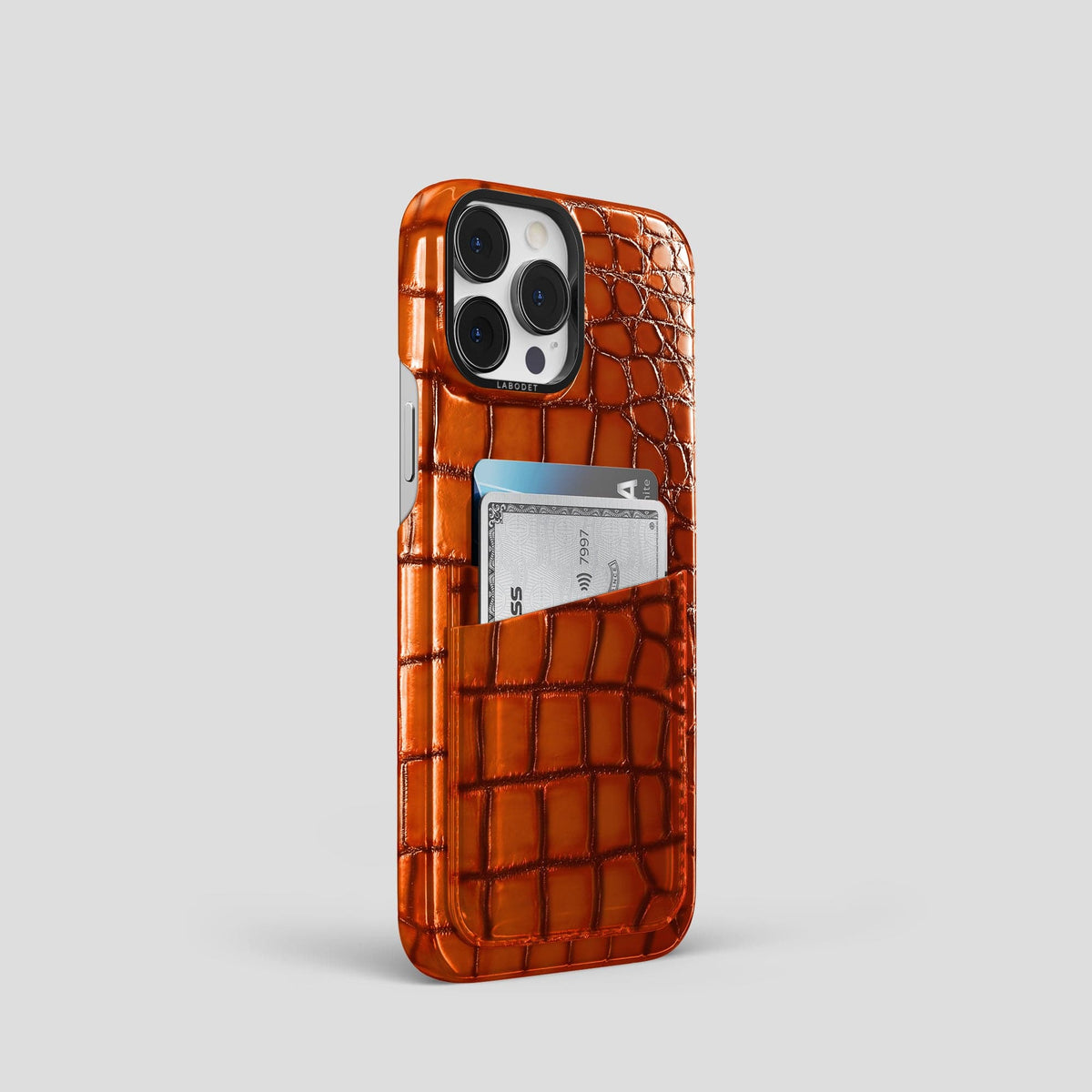 Clay-Court iPhone 15 Pro Double Card Case Patina Alligator with Black Metal -2 | Clay-Court-Black