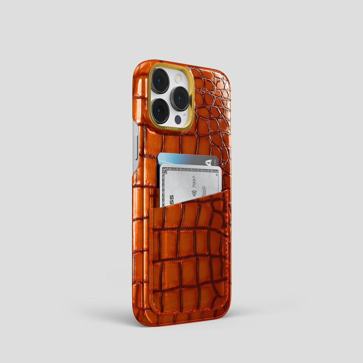 Clay-Court iPhone 15 Pro Double Card Case Patina Alligator with Gold Metal -2 | Clay-Court-Gold