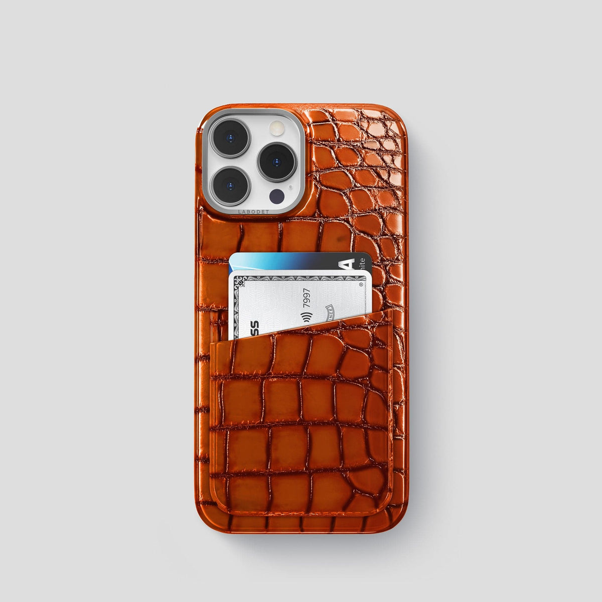 Clay-Court iPhone 15 Pro Double Card Case Patina Alligator with Steel Metal -1 | Clay-Court-Steel