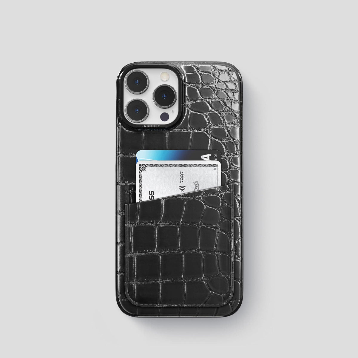 Havana-Black iPhone 15 Pro Double Card Case Patina Alligator with Black Metal -1 | Havana-Black-Black