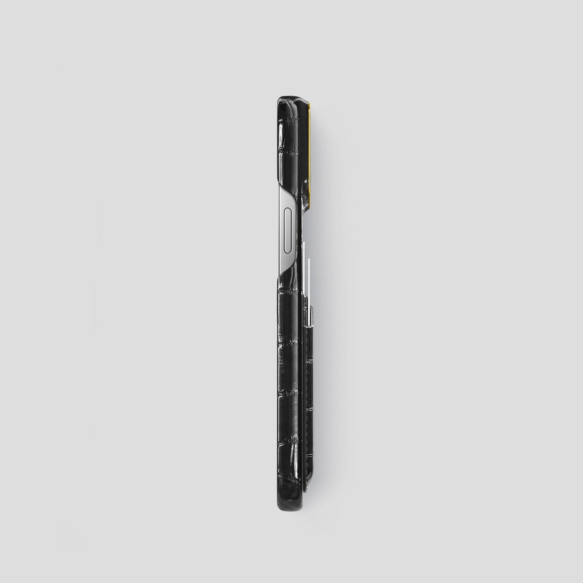 Havana-Black iPhone 15 Pro Double Card Case Patina Alligator with Gold Metal -3 | Havana-Black-Gold