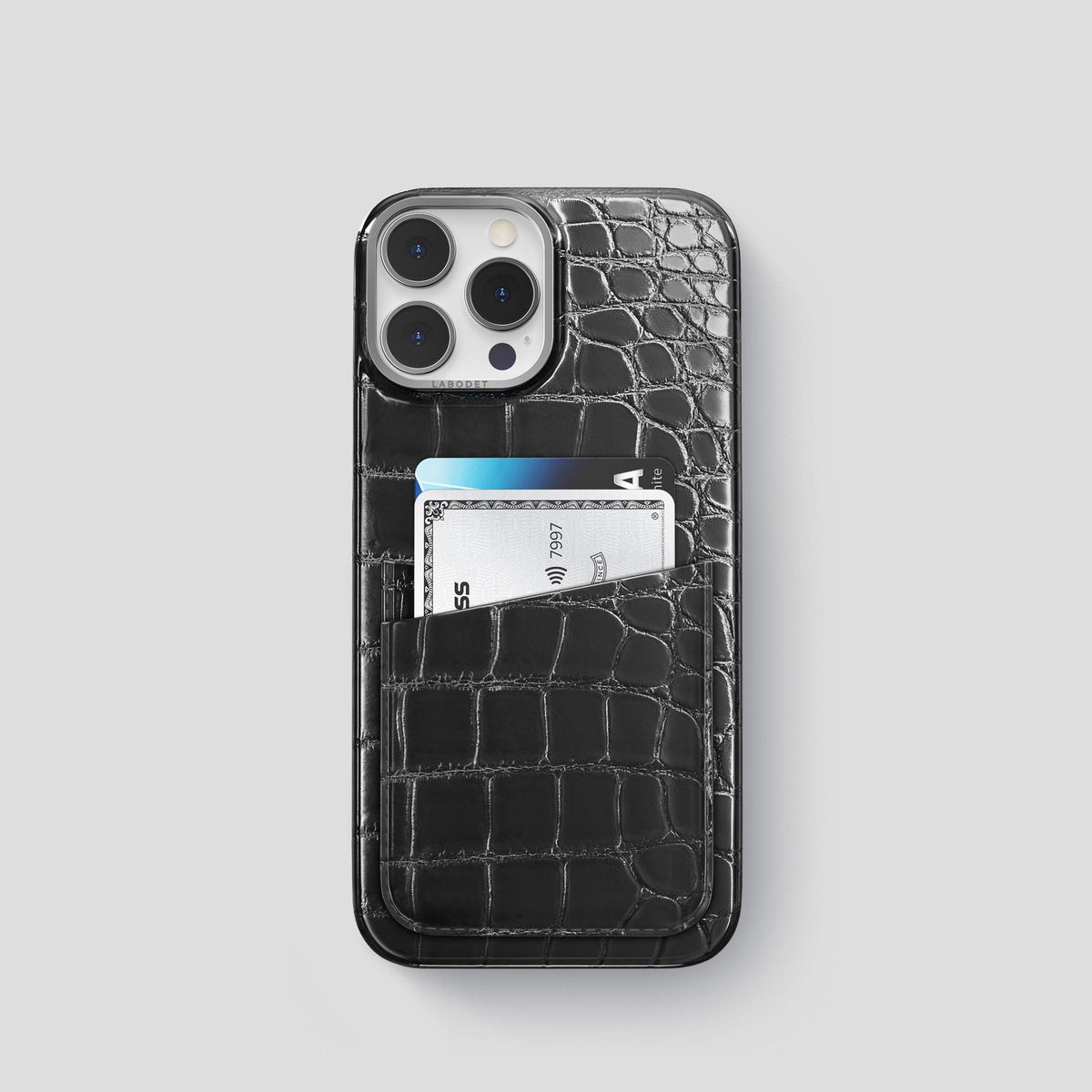 Havana-Black iPhone 15 Pro Double Card Case Patina Alligator with Steel Metal -1 | Havana-Black-Steel