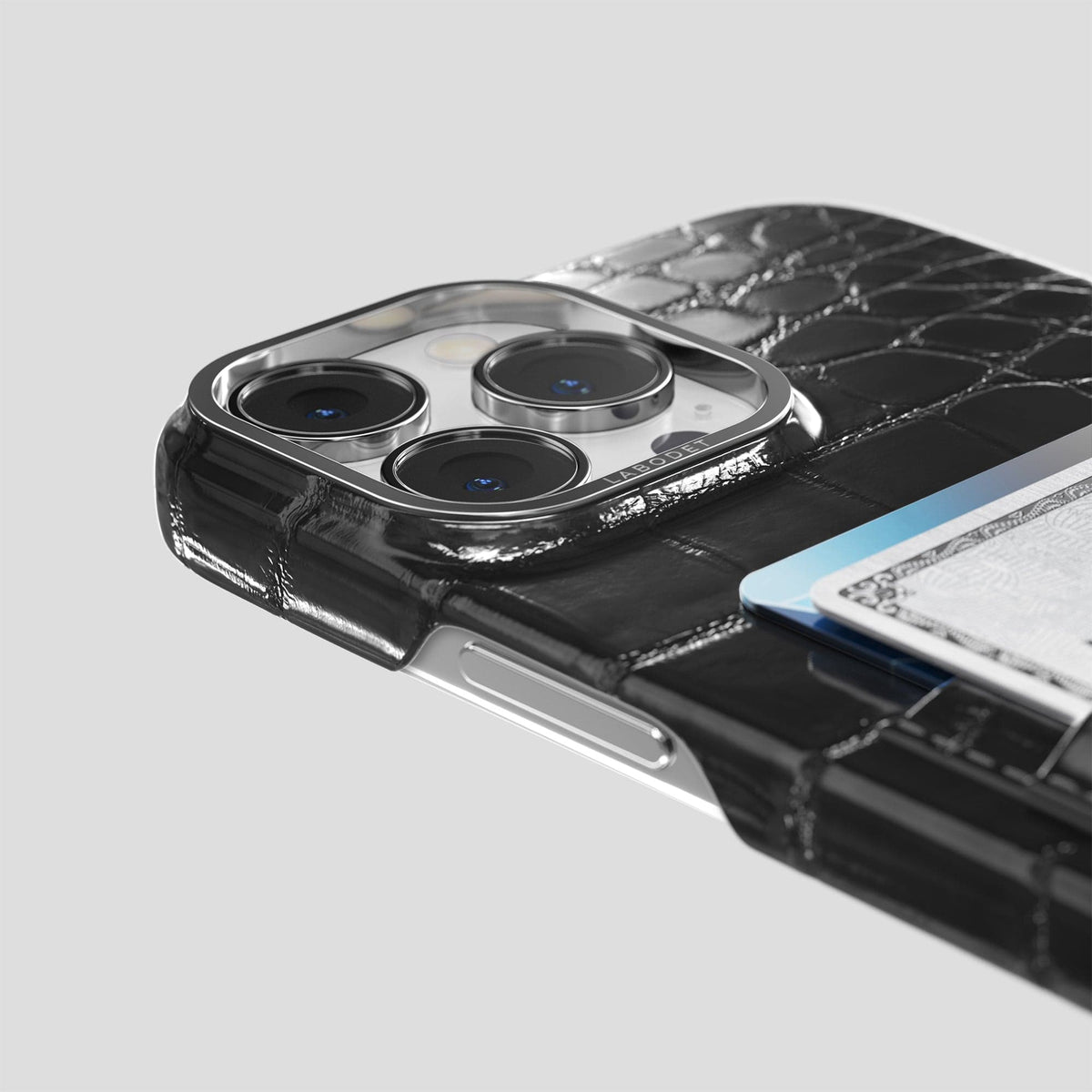Havana-Black iPhone 15 Pro Double Card Case Patina Alligator with Steel Metal -5 | Havana-Black-Steel