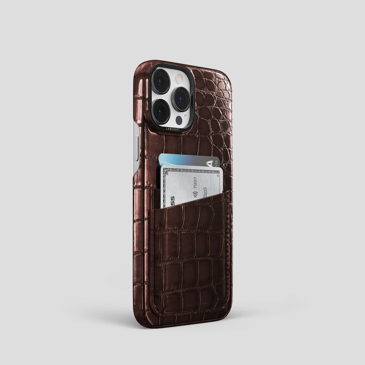 Grape-Wine iPhone 15 Pro Double Card Case Patina Alligator with Black Metal -2 | Grape-Wine-Black