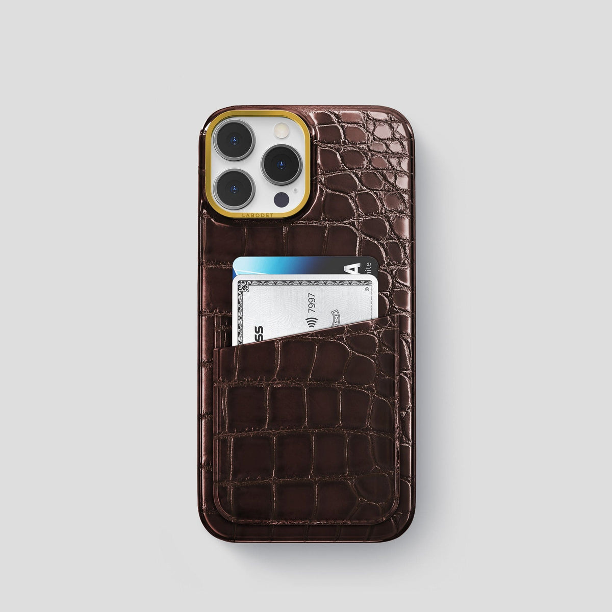 Grape-Wine iPhone 15 Pro Double Card Case Patina Alligator with Gold Metal -1 | Grape-Wine-Gold