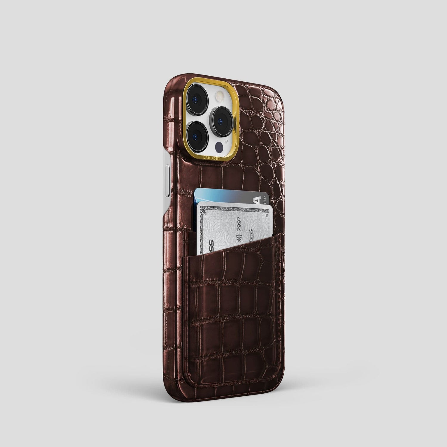 Grape-Wine iPhone 15 Pro Double Card Case Patina Alligator with Gold Metal -2 | Grape-Wine-Gold