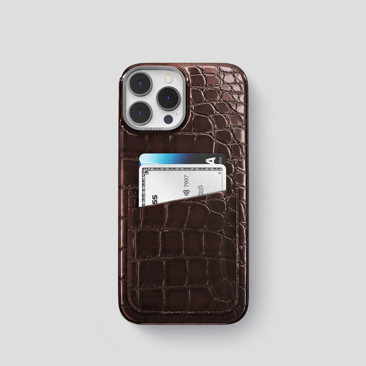 Grape-Wine iPhone 15 Pro Double Card Case Patina Alligator with Steel Metal -1 | Grape-Wine-Steel