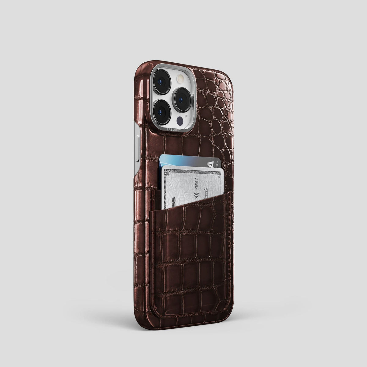 Grape-Wine iPhone 15 Pro Double Card Case Patina Alligator with Steel Metal -2 | Grape-Wine-Steel