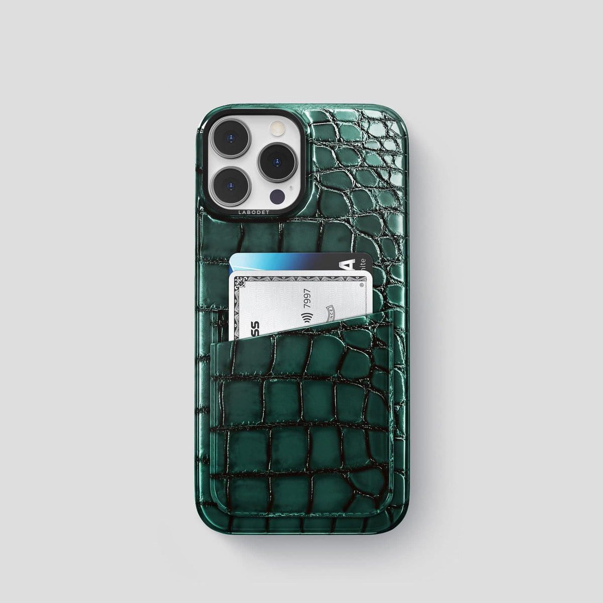 Green iPhone 15 Pro Double Card Case Patina Alligator with Black Metal -1 | Green-Black