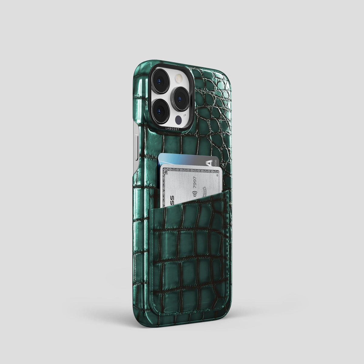 Green iPhone 15 Pro Double Card Case Patina Alligator with Black Metal -2 | Green-Black