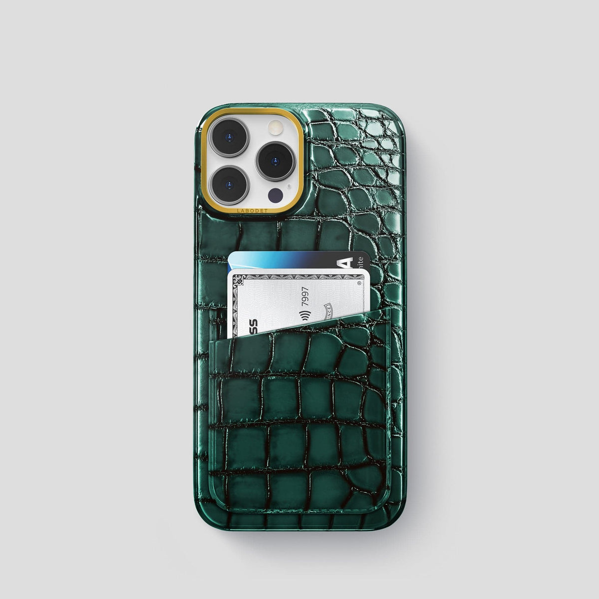 Green iPhone 15 Pro Double Card Case Patina Alligator with Gold Metal -1 | Green-Gold