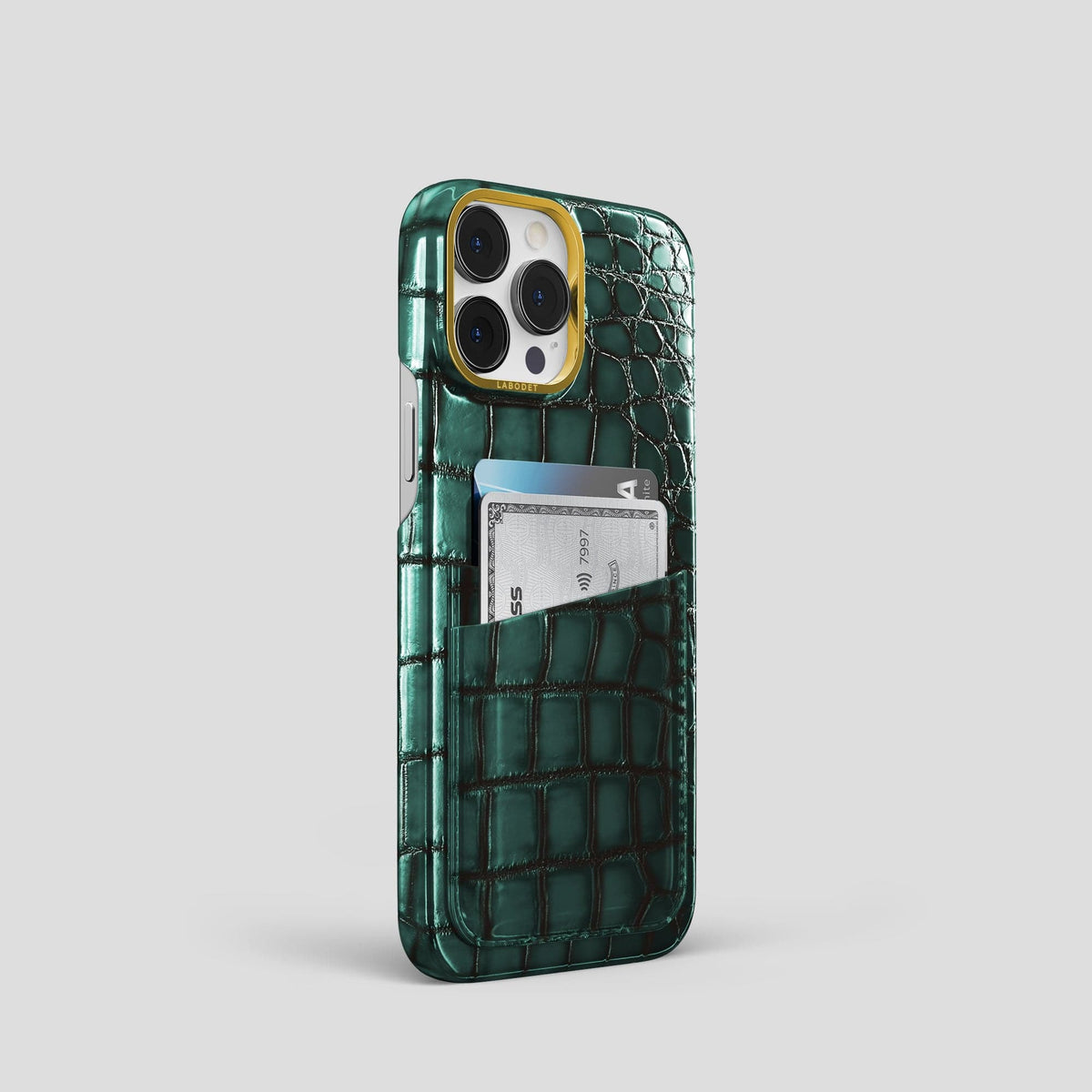 Green iPhone 15 Pro Double Card Case Patina Alligator with Gold Metal -2 | Green-Gold