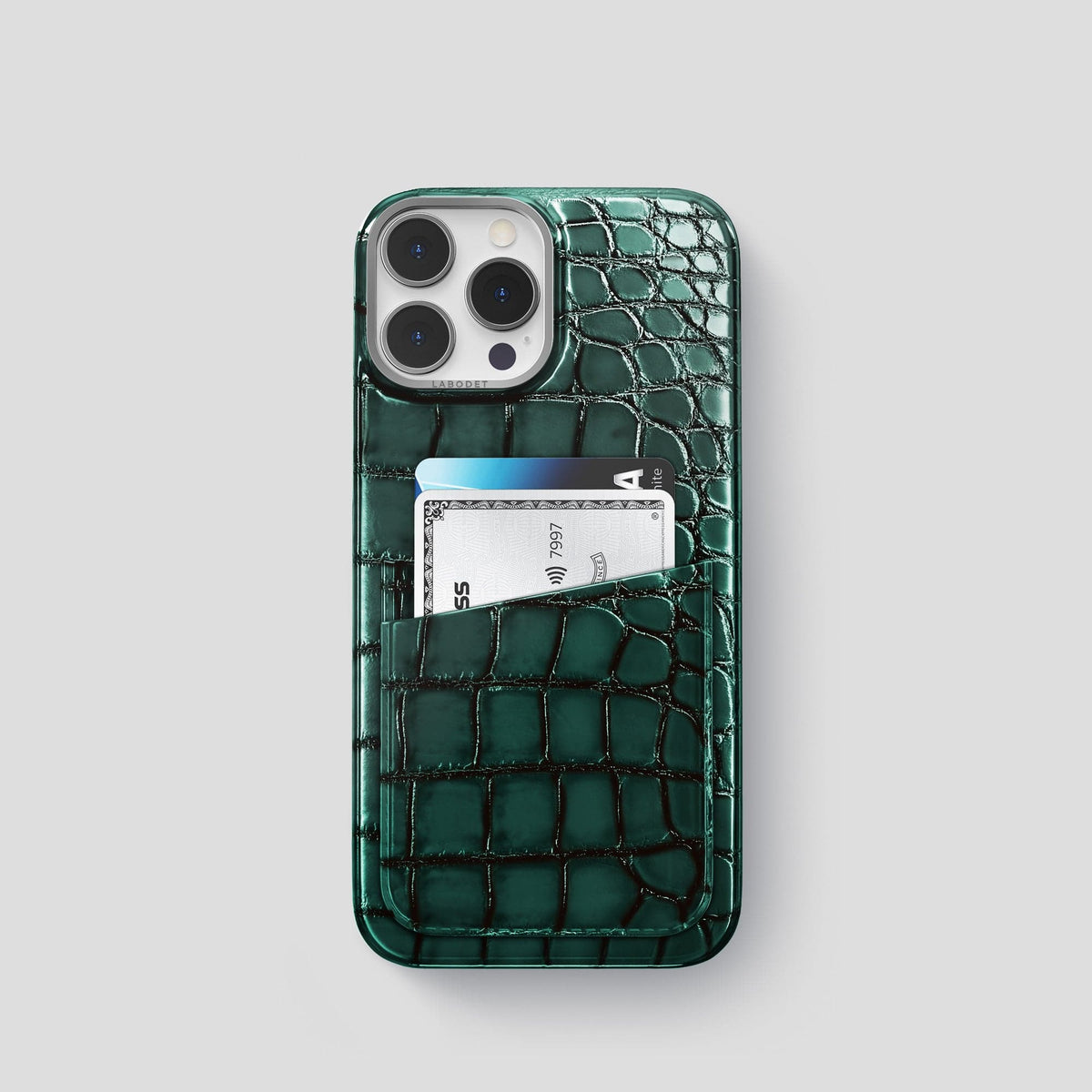 Green iPhone 15 Pro Double Card Case Patina Alligator with Steel Metal -1 | Green-Steel