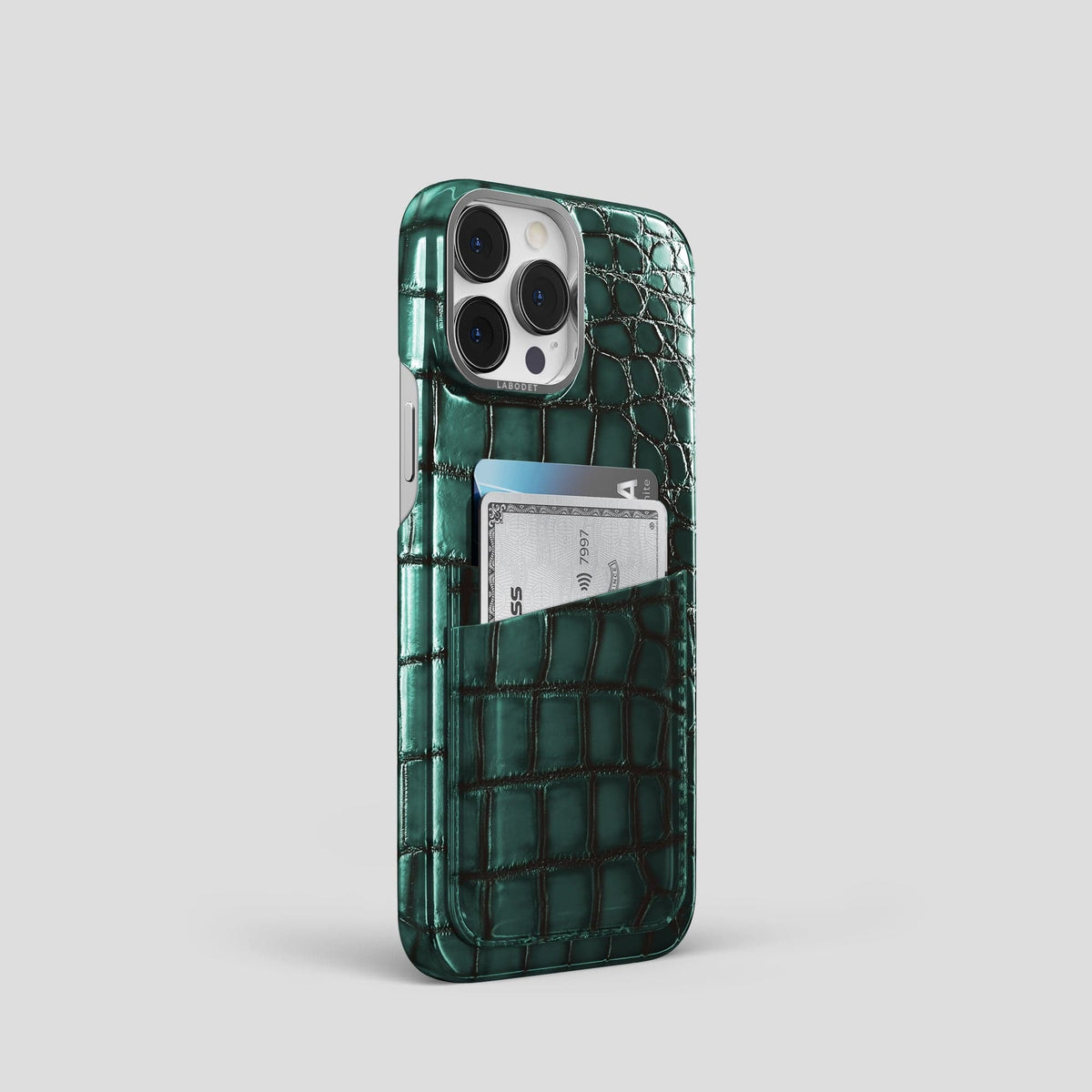 Green iPhone 15 Pro Double Card Case Patina Alligator with Steel Metal -2 | Green-Steel