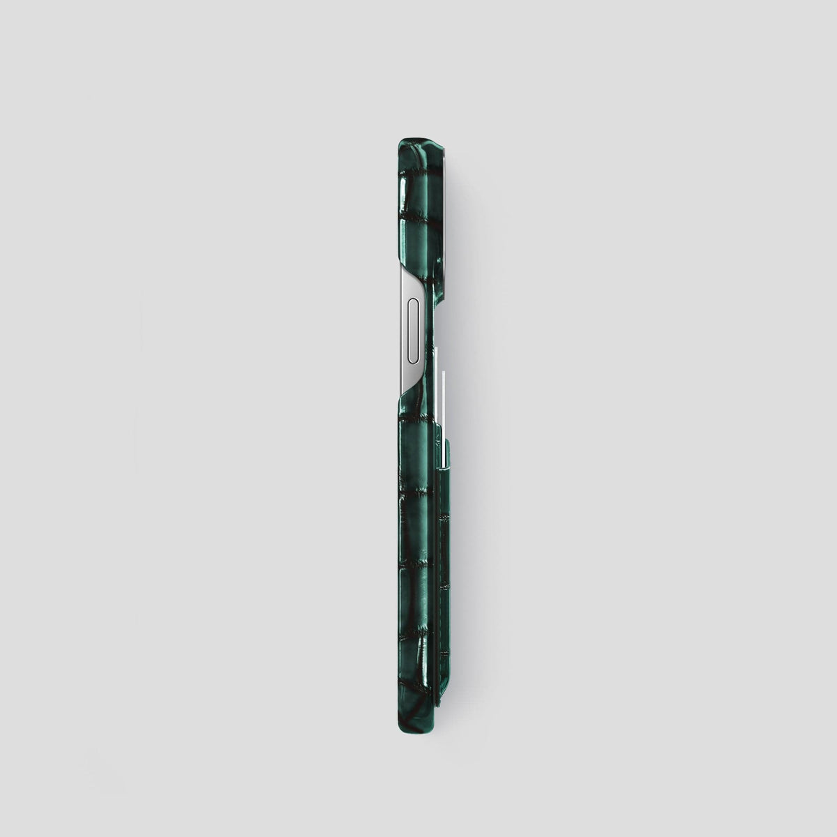 Green iPhone 15 Pro Double Card Case Patina Alligator with Steel Metal -3 | Green-Steel