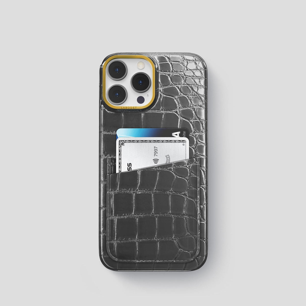 Grey iPhone 15 Pro Double Card Case Patina Alligator with Gold Metal -1 | Grey-Gold