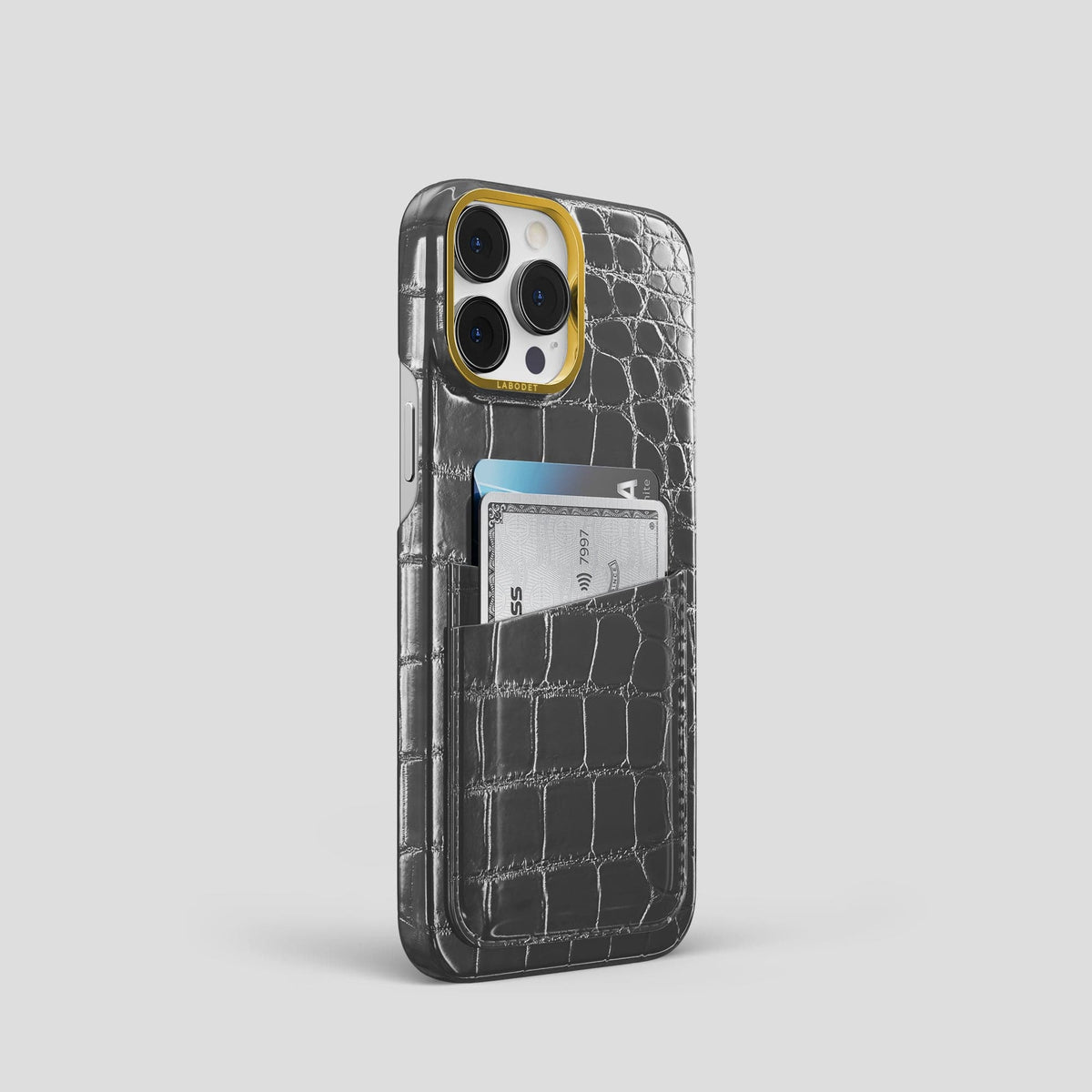 Grey iPhone 15 Pro Double Card Case Patina Alligator with Gold Metal -2 | Grey-Gold