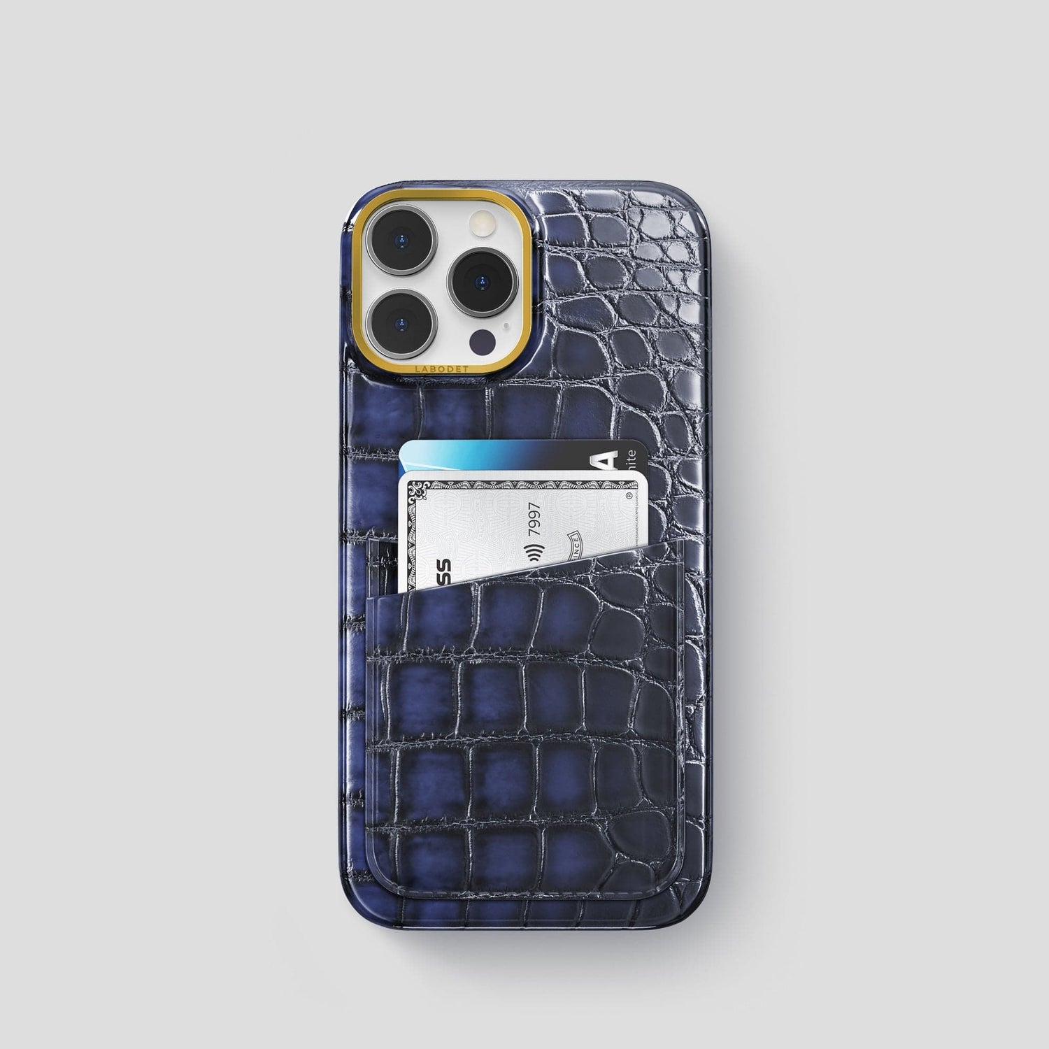 Havana-Blue iPhone 15 Pro Double Card Case Patina Alligator with Gold Metal -1 | Havana-Blue-Gold